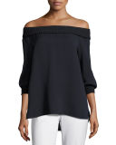 Marlo Silk Off-the-Shoulder Blouse w/ Ribbed Trim