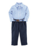 Striped Poplin Shirt w/ Pleated Pants, Blue, Size 9-24 Months