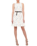 Boulder-Print Flounce-Hem Belted Dress, Cream