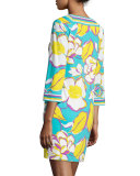 3/4-Sleeve Floral-Print Tunic Dress, Azure