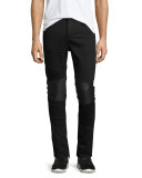 Slim-Fit Moto Jeans W/Leather-Panels, Black