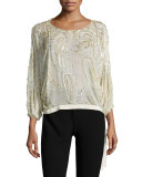 3/4-Sleeve Beaded Side-Tie Blouse, Glass