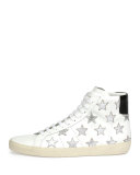 Leather High-Top Sneaker with Metallic Stars, White