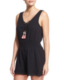Lace-Up Cotton Gauze Romper with Tassel Ties, Black