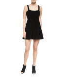 Sleeveless Smocked Velour Dress, Black