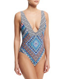 Printed V-Neck One-Piece Swimsuit