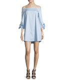 Off-the-Shoulder Poplin Shift Dress, Morning Blue