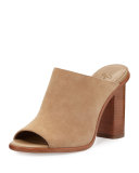 Clementine Suede Chunky-Heel Mule Sandal, Buff