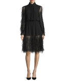 Tiered Ostrich-Feather Long-Sleeve Dress, Black