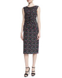 Sleeveless Ruched-Front Floral-Print Dress, Black