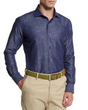 Tonal Paisley-Print Chambray Sport Shirt, Blue