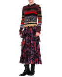 Sleeveless Floral-Print Tiered Midi Dress, Purple/Red/Black