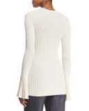 Bell-Sleeve Ribbed Pullover Top, Champagne