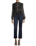 Floral-Lace Long-Sleeve Top, Black
