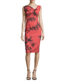 Sleeveless Floral Stretch Crepe Sheath Dress, Red