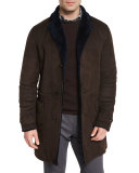 Mid-Length Sartorial Suede Coat w/Shearling Lining, Brown