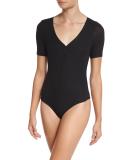 Short-Sleeve Stretch Jersey Henley Bodysuit, Black