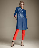 Two-Tone Leather Long Jacket, Bluebell