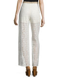 Beaded Crochet-Lace Wide-Leg Pants, Ivory