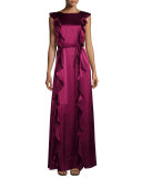 Sleeveless Satin Ruffle Gown, Wineberry