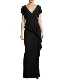 Short-Sleeve Draped Peplum Jersey Gown, Black