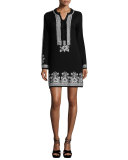 Long-Sleeve Embroidered Shift Dress, Black/Blue