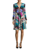 Bishop-Sleeve Mixed-Print Dress, White/Multi