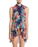 Floral-Print Tulle Ruffle-Trim Sarong Coverup, Blue