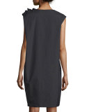 Gathered-Shoulder Shift Dress, Black