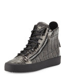 Men's Crocodile-Embossed Leather High-Top Sneaker, Pewter