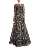 Strapless Floral-Embroidered Gown, Black/Gold