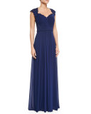 Belted Lace & Chiffon Gown, Navy