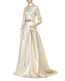 Metallic 3/4-Sleeve Trench Gown, Gold