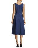 Seersucker Sleeveless Midi Dress, Blue/Multi