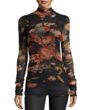 Floral-Print Stretch-Tulle Turtleneck, Black/Red