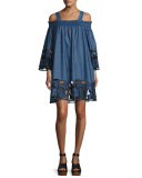 Embroidered Off-the-Shoulder Chambray Dress, Medium Blue