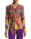 Ribbon-Print Tie-Waist Blouse, Red
