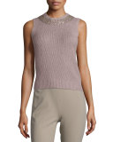 Embellished Jewel-Neck Cashmere Shell, Light Mauve