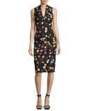 Jacki Floral Embroidered Sleeveless Sheath Dress, Black Multicolor