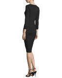 3/4-Sleeve Embellished Sheath Dress, Black