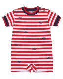 Short-Sleeve Striped Stretch Jersey Shortall, Red, Size 3-24 Months
