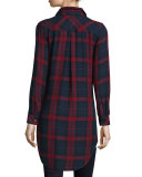 Button-Front Plaid Boyfriend Long Shirt, Red/Multi