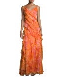Sleeveless Floral Silk Ruffle Gown, Coral
