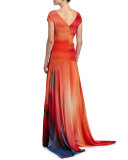 Miriam Short-Sleeve Ombre-Print Handkerchief Gown 