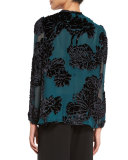 Tie-Neck Cut-Velvet Blouse, Teal
