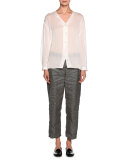 Sheer V-Neck Button-Front Blouse, White