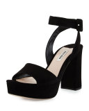 Suede Platform Ankle-Wrap Sandal, Nero
