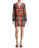 Long-Sleeve Split-Neck Mini Dress, Shawl Print