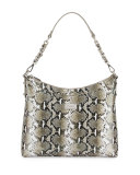 Python-Embossed Leather Hobo Bag, Gray