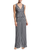 Joanna Sleeveless Striped Satin Peplum Top, Navy